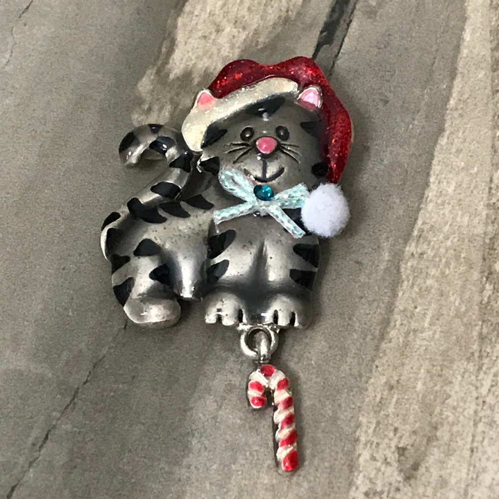 Silver Christmas Enamel Cat Brooch w/ Candy Cane